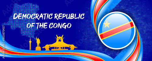 Democratic Republic of the Congo Flag with Map and Famous Landmarks in Blue and Red Abstract Background
