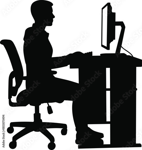 Silhouette of office worker sitting at desk with computer in ergonomic chair, remote work concept, modern workplace vector illustration
