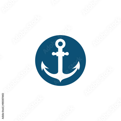 White anchor rests inside a solid dark blue circle shape