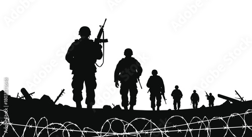 Powerful army soldiers walking bravely through war zone silhouette