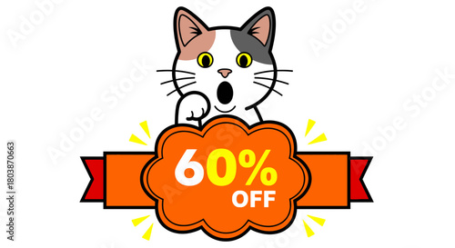Surprised cat offers sixty percent off special deal promotion now