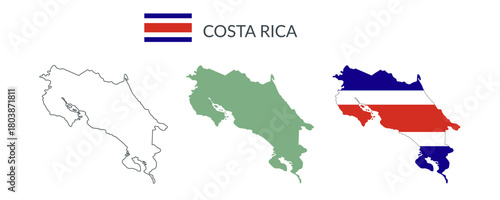 Costa Rica republic geographical borders isolated on white background. Flag of Costa Rica. Vector flat cliparts.
