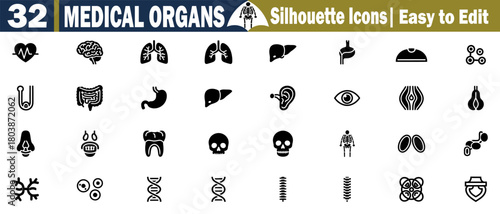 Medical Organs Silhouette Icons: Human Anatomy, Healthcare, Science, Biology, Internal Systems and Body Parts in Outline Style for Diagnostic or Educational Designs Set. 