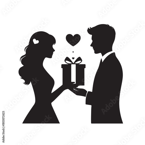 Couple exchanging a gift silhouette