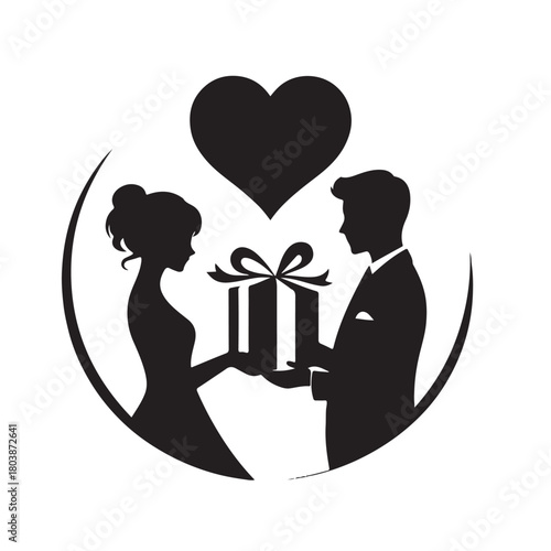 Couple exchanging a gift silhouette