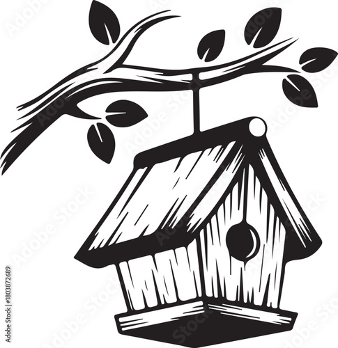 Print black and white illustration of a birdhouse on a branch isolated on