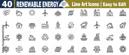 Renewable Energy Icon Set. Line Art Collection Eco Power Source Symbols, Solar, Wind, Hydro, Geothermal, Biomass, Clean Electricity, Sustainable Future, and more Editable Design elements. 