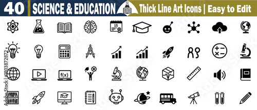 Science and Education: 40 Thick Line Art Icons for Educational Resources and Academic Projects. Easy to Edit Vector Illustration Resources. 