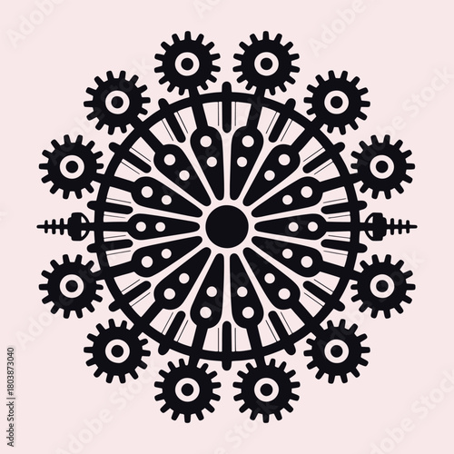 Intricate black gear mandala with circular spokes and outer cogwheels on a pale pink background mechanical