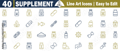 40 Supplement Line Art Icons: Dietary, Wellness, Capsule, Vitamin, Mineral, Nutrition, Health, Medicine, Organic, Natural Symbols Vector Set.