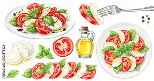 カプレーゼと食材のセットイラスト（モッツァレラ・トマト・バジル）,イタリアン,前菜,サラダ,水彩,リアル