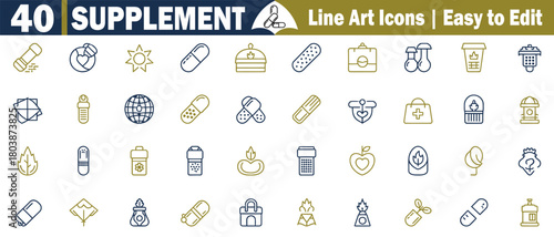 40 Supplement Line Art Icons: Healthcare, Herbal, Dietary, Pills, Vitamin, Organic, Medicine, Capsule, Nutrition, Natural Symbols Vector Set.