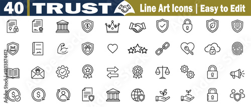 Trust Line Art Icon Set Vector Security Assurance, Reliability, Promise, Confidence, Honesty, Integrity, Partnership, Agreement, Safety, Commitment, Credibility, Support, Protection and more concept. 