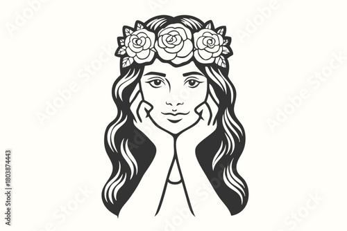Woman with long wavy hair wearing a flower crown rests her chin on hands