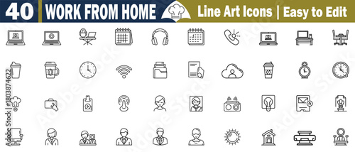 Work From Home Icon Set thin Line Style Vector Illustration of Laptop, Calendar, Headphones, Coffee, Clock, and Workplace Elements with more for Remote Job and Business. 