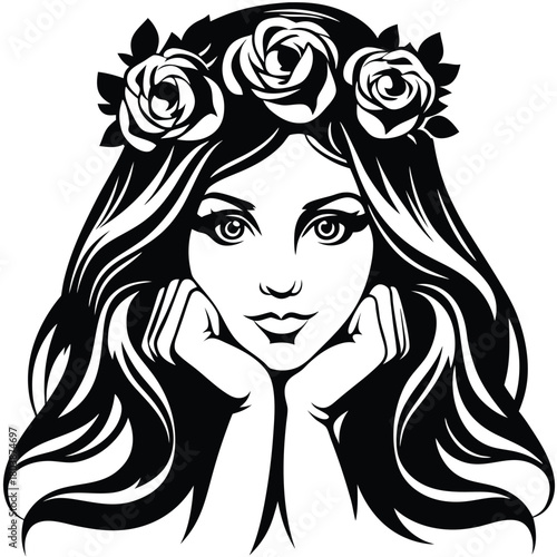 Young woman rests chin in hands wearing floral rose crown in bold monochrome