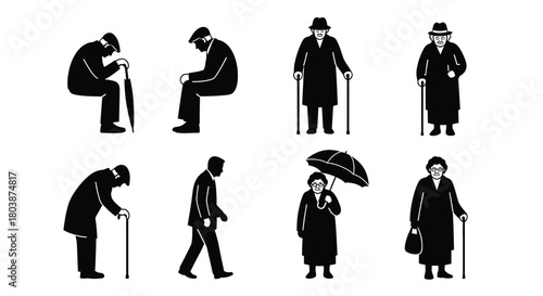 Silhouetted seniors represent aging with umbrellas and walking sticks