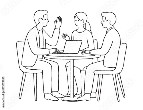3人で打ち合わせをするビジネスパーソンたちの線画イラスト｜ミーティング・意見交換・会議風景