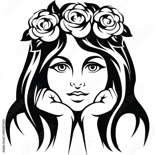 Woman with roses in her hair rests her chin on her hands in monochrome