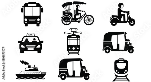 Explore transportation icons featuring bus, taxi and train silhouettes