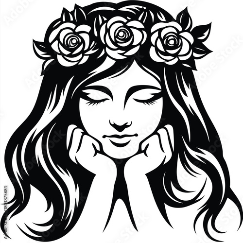 Young woman with rose crown is peacefully resting her face on her hands