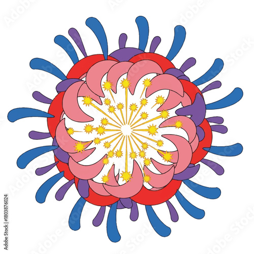 Vibrant mandala-inspired abstract floral composition arrangement.