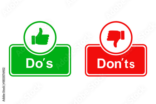 Do's and Don'ts buttons with like and dislike symbols green and red color, Do's and Don'ts buttons with thumbs up and thumbs down symbols, Editable flat style vector design isolated on white