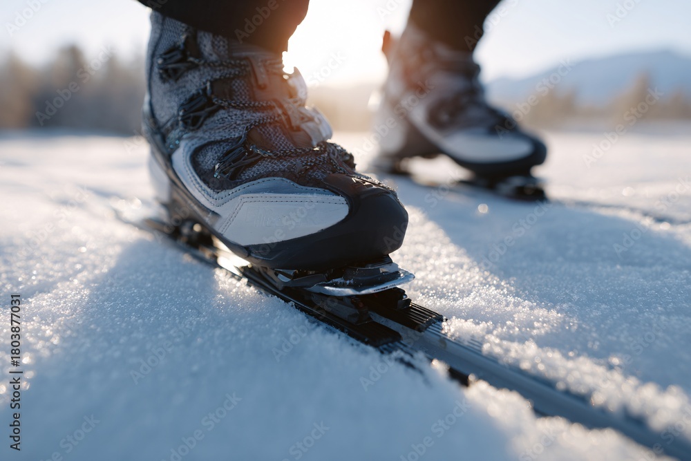 Fototapeta premium Close-up of ski boots firmly attached to cross-country skis in snow