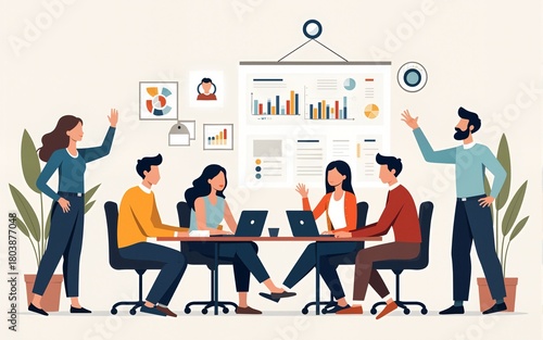 Diverse business professionals engaged in lively discussion and idea exchange during a collaborative office meeting, utilising laptops for teamwork and planning. Flat design vector illustration