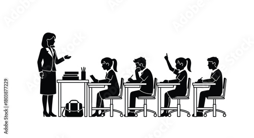 Engaging classroom scene with students and teacher in silhouette style