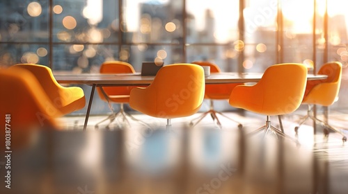 Modern workspace with empty orange office chairs and tables, Morning light bokeh, reflecting urban business teamwork, innovation, and productivity. High quality