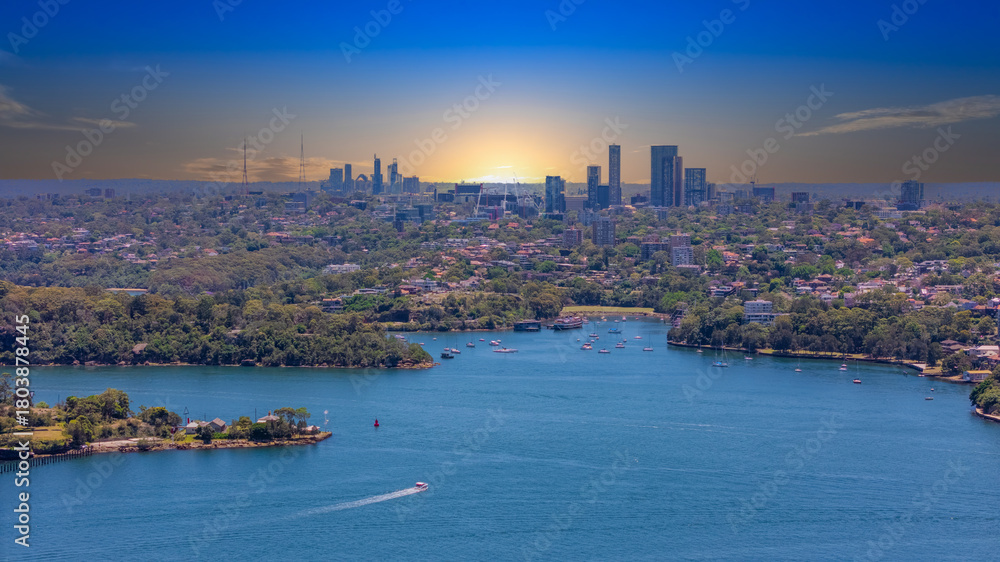 Naklejka premium 18 November 2025 Panoramic night view of Sydney Harbour and City Skyline of NSW Australia beautiful colourful skies on a beautiful spring day