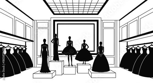 Elegant dresses showcase in modern boutique fashion store design style