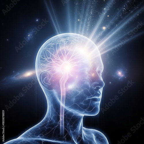 Human head with glowing brain and radiating light representing intelligence and thought.