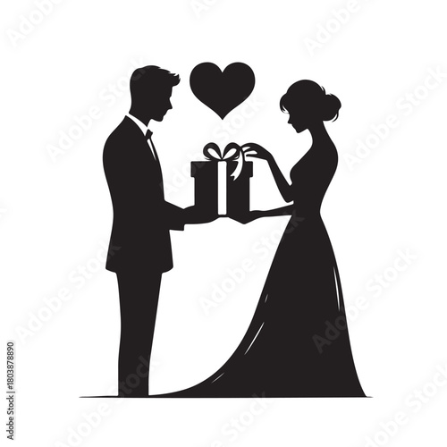 Couple exchanging a gift silhouette