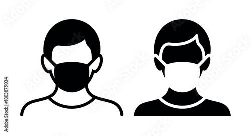 Two stylized figures wear medical face masks, representing public health and safety measures.