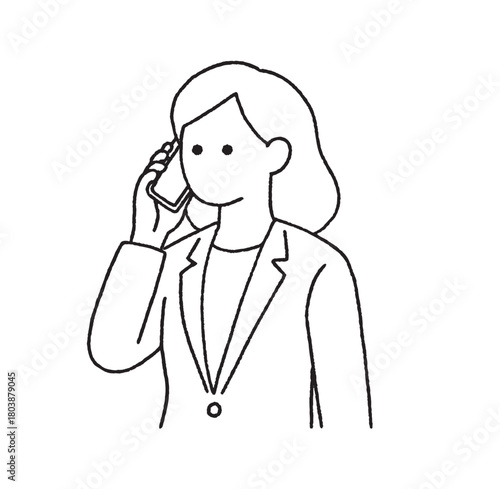 電話中の女性ビジネスパーソンの線画イラスト｜働く女性・連絡・通話のシーン