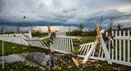 Devastation and Resilience: Storm-Damaged Fence for Insurance and Disaster Relief Campaigns. Illustrating the Power of Nature and the Need for Preparedness.