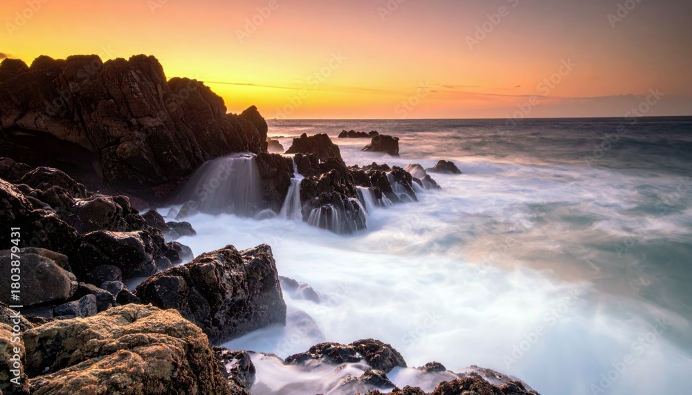 Obraz premium Waves crash against rugged, dark rocks along the coast during a vibrant sunset, creating a dynamic seascape.