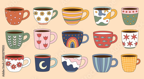 Ceramic Coffee Cups and Tea Mugs with Scandinavian and Floral Elements – Decorative Kitchen Tableware Collection Featuring Porcelain Drinkware for Home or Café Pottery in a Detailed Vector Illustratio