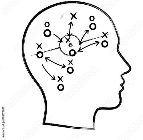 A line art profile of a human head with a soccer/football tactical board drawing inside, symbolizing strategy development, planning, or mindset for success.
