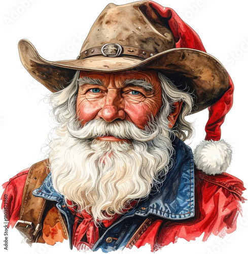 Watercolor Portrait of Cowboy Santa Claus with White Beard and Blue Eyes