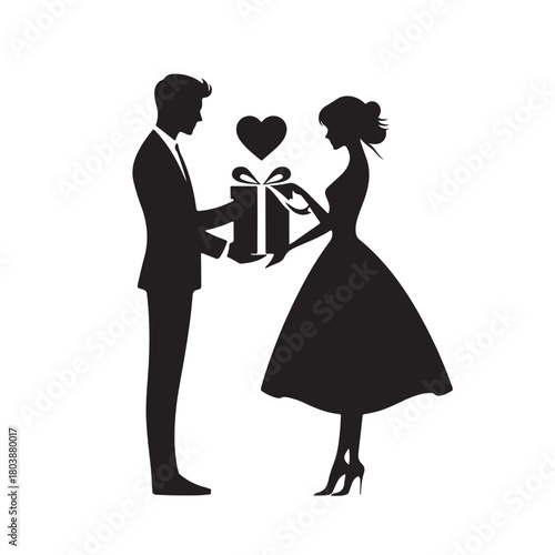 Couple exchanging a gift silhouette