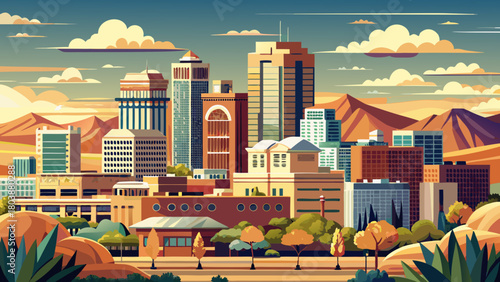 Very beautiful panoramic cityscape of Albuquerque, New Mexico, featuring modern downtown buildings, clean skies, and a calm Southwestern atmosphere suitable for high-quality stock artwork.