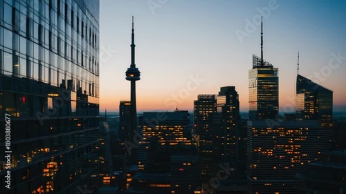 Sunset over Toronto skyline reveals city life and beauty. 4K Video