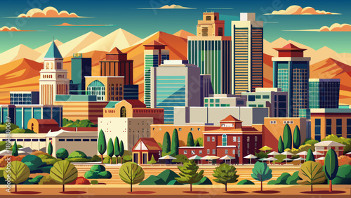 Very beautiful panoramic cityscape of Albuquerque, New Mexico, featuring modern downtown buildings, clean skies, and a calm Southwestern atmosphere suitable for high-quality stock artwork.