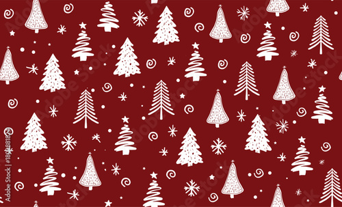 Christmas tree pattern on red background, Hand drawn illustrations.	
