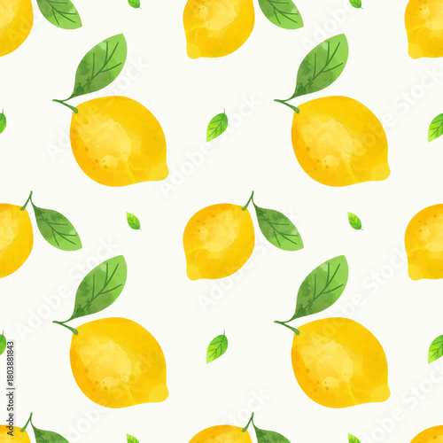 Watercolor lemon seamless pattern. Citrus design with yellow fruits and green leaves on white background.