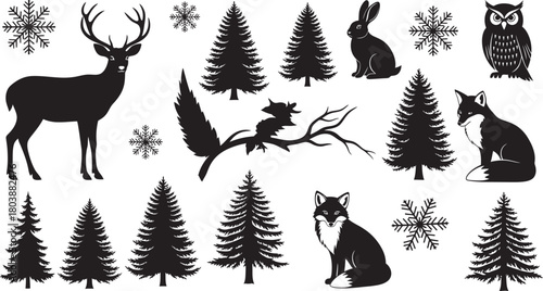 Winter forest animals, fir trees, snowflakes vector silhouettes