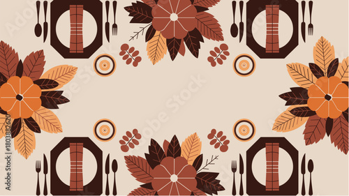 Thanksgiving table setting with autumn leaves and pumpkins, top view with central empty space